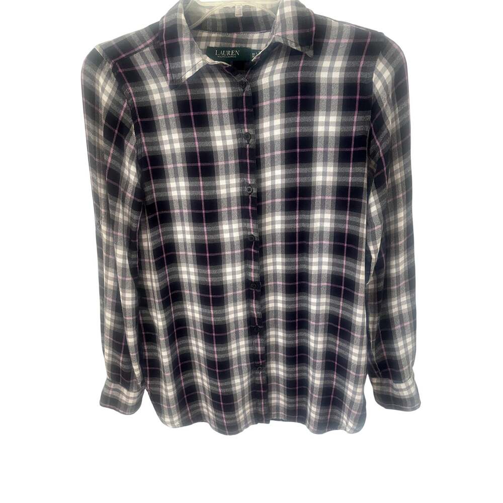 Lauren Ralph Lauren Plaid Button Down Shirt xs Roll Tab Sleeves Pink Gray